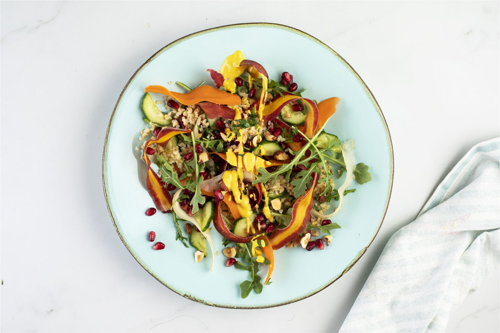 Ribbon Carrot Salad with Bulgur and Tahini Turmeric Dressing